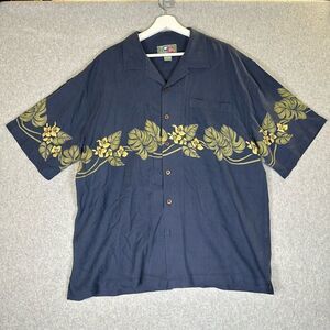 Hilo Hattie Mens Size Large 100% Silk Hawaiian Button Up Shirt Blue Short Sleeve